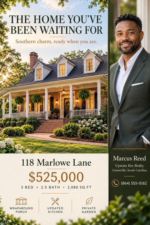 Real estate flyer featuring a large photo of a brick house with a porch on the left, and a dark green vertical panel with an agent's portrait and contact details on the right.