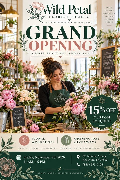 A grand opening flyer for a florist featuring a photo of a woman arranging pink peonies. The design uses dark green and cream with elegant serif text and floral line art.
