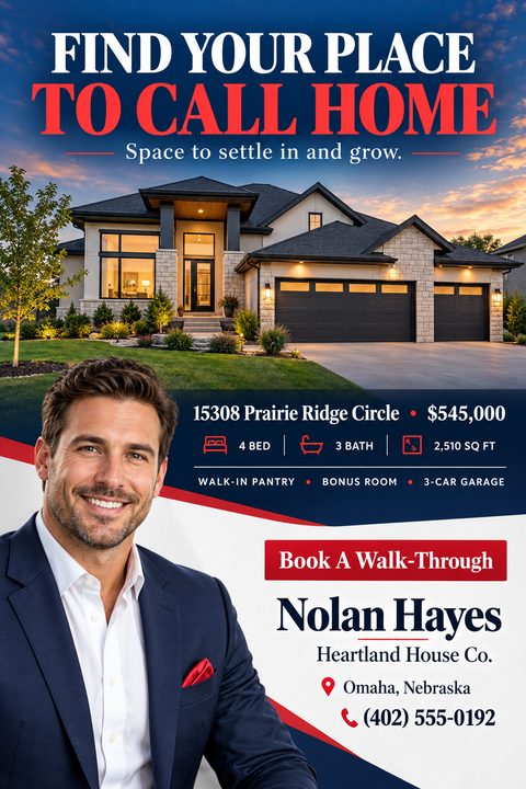 Real estate flyer template with a large photo of a modern house at sunset, property details, and a real estate agent's headshot and contact information.