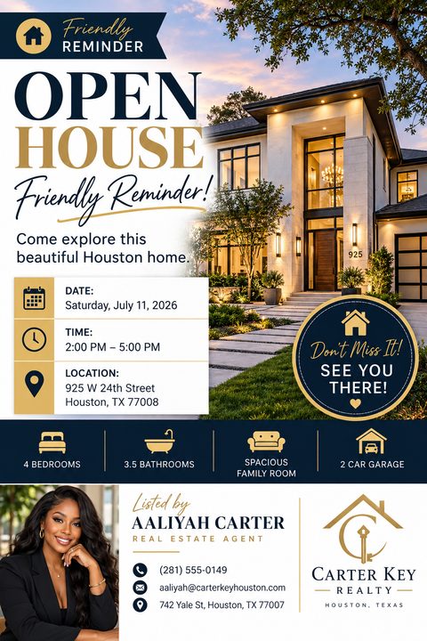 Real estate open house reminder flyer with a large photo of a modern two-story house at twilight. The text reads 'Friendly Reminder Open House' in navy and gold. Includes date, time, location, property features, and agent contact information.