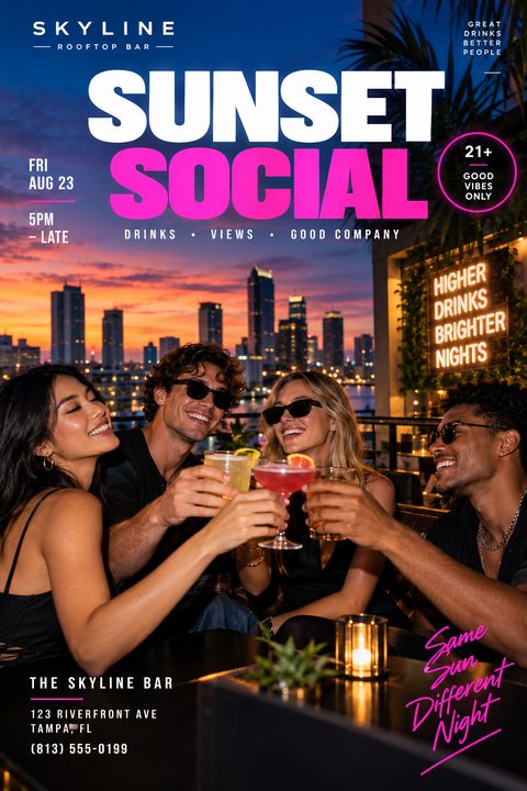 A vibrant flyer for a rooftop bar event featuring four friends toasting cocktails at sunset with a city skyline behind them. Bold white and neon pink text reads "Sunset Social".