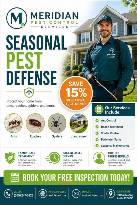 A professional pest control flyer featuring a smiling technician with a sprayer, a 15% off orange badge, and circular photos of ants, roaches, and spiders. The design uses teal and green accents.