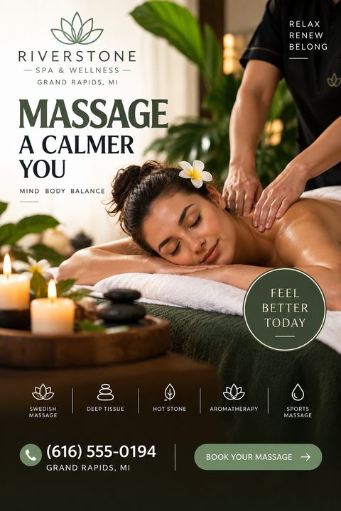 A flyer for a spa and wellness center featuring a woman receiving a massage. Text includes 'Massage A Calmer You' and lists services like Swedish, Deep Tissue, and Hot Stone massage.