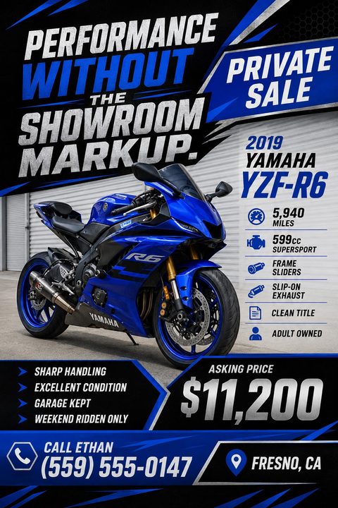 A bold, aggressive flyer for a private motorcycle sale featuring a large photo of a blue sportbike, sharp angled blue and black graphic elements, metallic text, and bullet points for specifications.