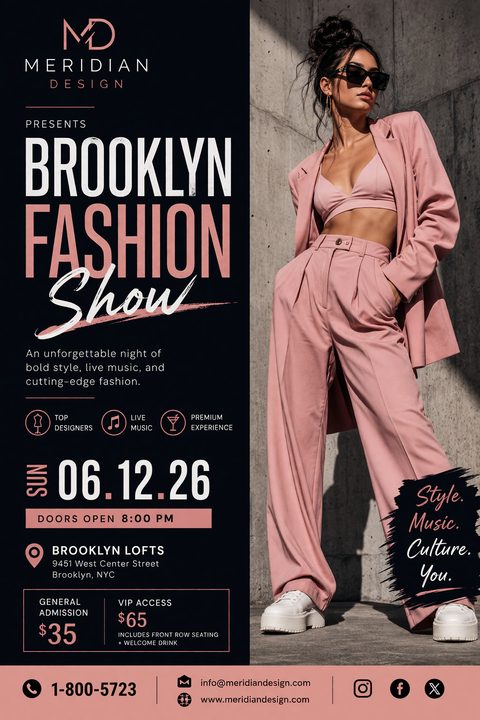 A modern fashion show flyer featuring a split layout. The left side has bold white and pink text on a dark background, while the right showcases a model in a dusty pink suit.