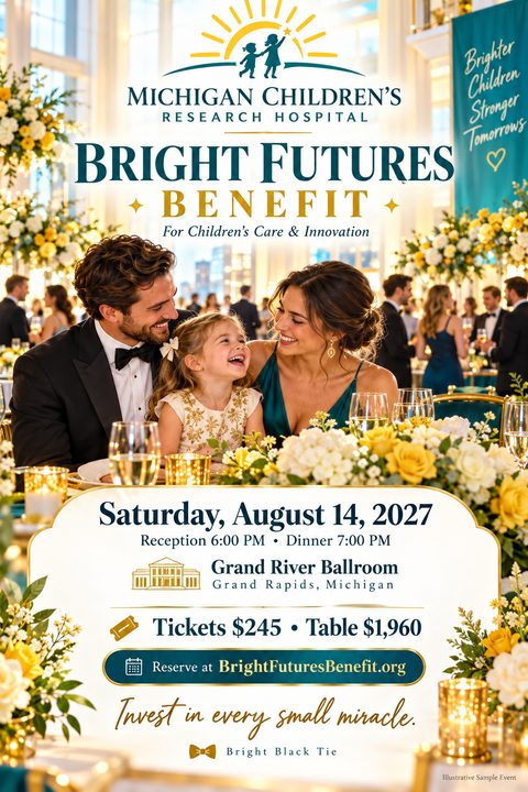 Flyer for a benefit dinner. A happy family in formal wear sits at a beautifully decorated table with yellow and white flowers. Text reads 'Bright Futures Benefit' with event details.
