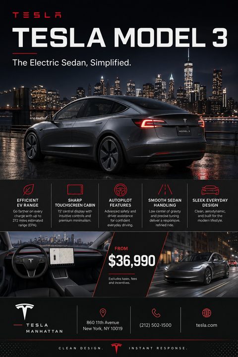 Car sales flyer featuring a dark grey sedan parked against a city skyline at night. Below are five icons highlighting features like EV range and autopilot. The bottom section shows interior and exterior shots, a price of $36,990, and dealership.