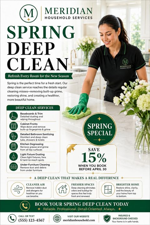 A spring deep clean flyer featuring a woman in a black polo and green gloves wiping a kitchen counter. The design uses dark green and gold accents, listing services, benefits, and a 15% discount.