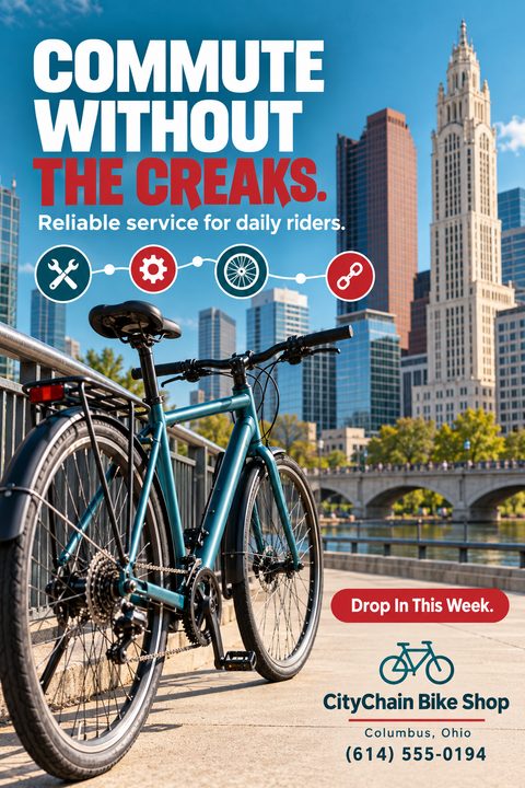 A bicycle repair flyer featuring a teal commuter bike parked on a city path with a skyline background. Bold text reads 'Commute without the creaks' above icons for tools, gears, wheels, and chains.