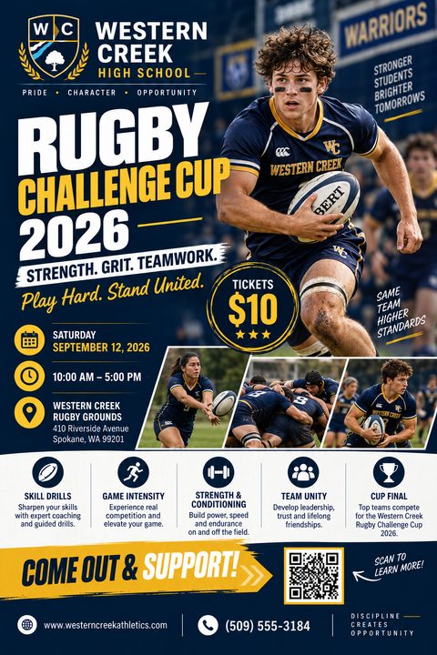 A flyer for a rugby tournament featuring a large photo of a male rugby player running with the ball, smaller photos of other players in action, event details, and a QR code. The design uses a navy blue and gold color palette.