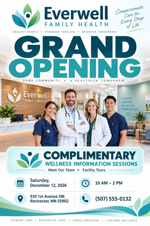 A medical clinic grand opening flyer featuring a large teal headline above a photo of four smiling healthcare professionals in a modern lobby. Below are event details for wellness sessions and facility tours.