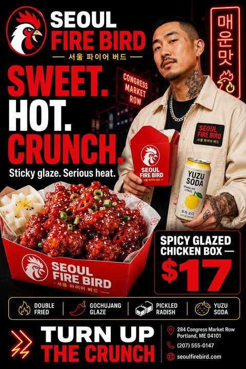 A bold, neon-themed takeaway flyer featuring a tattooed man holding a takeout box and soda, alongside a large, appetizing photo of spicy glazed fried chicken.
