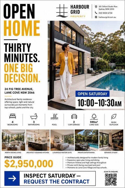 A modern real estate open house flyer with a large photo of a woman by a pool, bold black and yellow text, property icons, five smaller interior photos, and a QR code.
