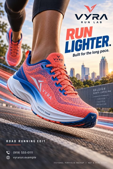A close-up of a person running on a road wearing bright orange and blue running shoes. The background shows a city skyline at sunrise. Text reads 'RUN LIGHTER. Built for the long pace.'