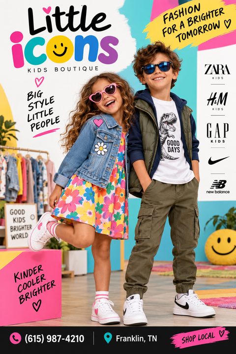 Flyer for a kids boutique featuring a young girl and boy modeling colorful clothing and sunglasses, with text 'Little Icons Kids Boutique' and 'Big Style Little People'.