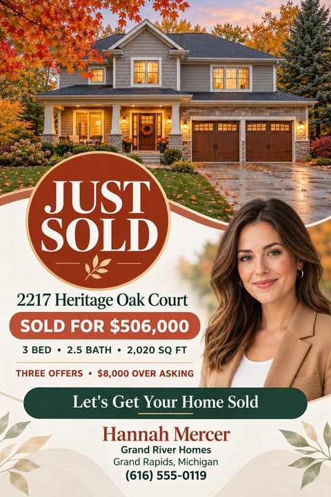 A real estate flyer with a large photo of a two-story house in autumn at the top. Below, a large red circle reads 'JUST SOLD'. The flyer includes the property address, sale price, details, and a photo of a female real estate agent with her contact.