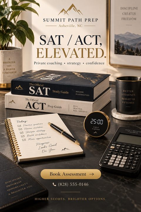 A flyer for SAT and ACT prep services. The background is a desk with SAT and ACT study guides, a notebook with a checklist, a pen, a timer, and a calculator. The text reads 'SAT / ACT, ELEVATED. Private coaching, strategy, confidence.'