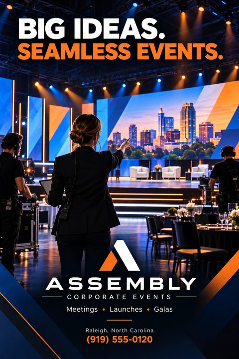 An event planner with a headset directs a stage setup with a city skyline on a large screen. Banquet tables are in the foreground. Bold text reads Big Ideas. Seamless Events.
