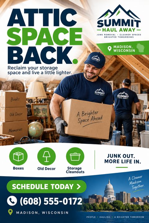 Flyer for a junk removal service. Large text reads 'Attic Space Back.' Photo shows two men in uniform carrying boxes out of a cluttered attic. Icons list services: Boxes, Old Decor, Storage Cleanouts. Bottom section has a 'Schedule Today' button.