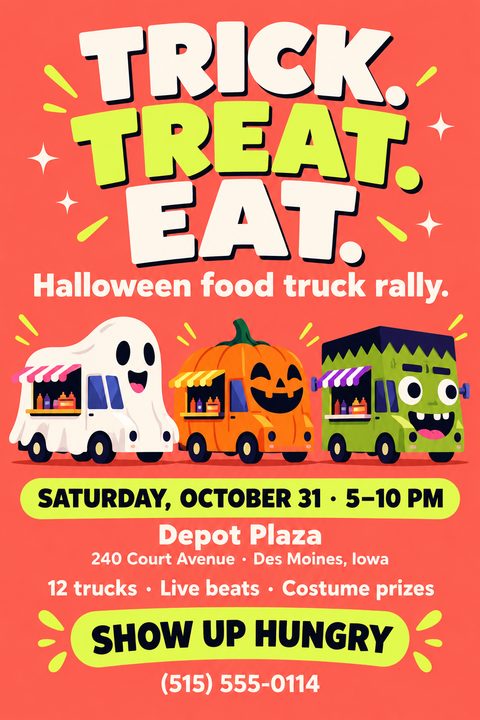 A playful Halloween flyer on a coral background. Large text reads 'TRICK. TREAT. EAT.' above three cartoon food trucks designed as a ghost, a jack-o'-lantern, and Frankenstein's monster. Event details follow below.