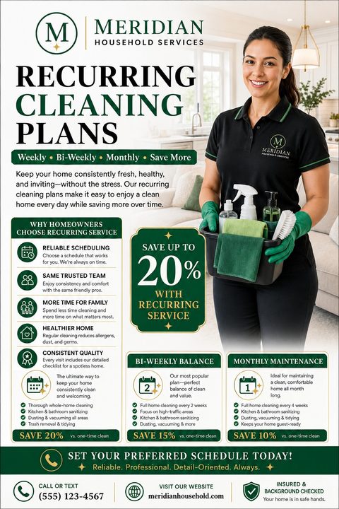 A professional house cleaning flyer featuring a smiling woman holding a caddy of cleaning supplies. The design uses a dark green and gold color palette with sections for recurring service plans and benefits.