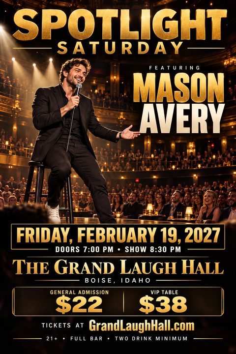 A flyer for a comedy show featuring a man sitting on a stool with a microphone on a theater stage. The text is in bold gold against a dark background, with a laughing audience.