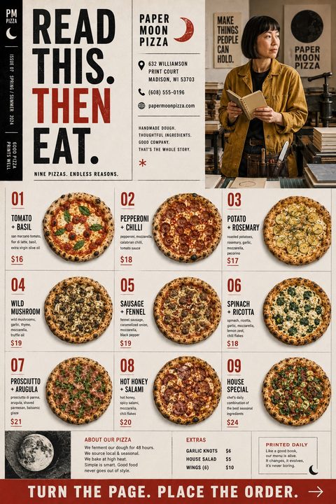A pizza menu flyer with bold text reading 'READ THIS. THEN EAT.' A photo of a woman in a workshop is top right. Below, a grid displays nine different pizzas with photos, names, ingredients, and prices. A red banner at the bottom says 'TURN THE PAGE.