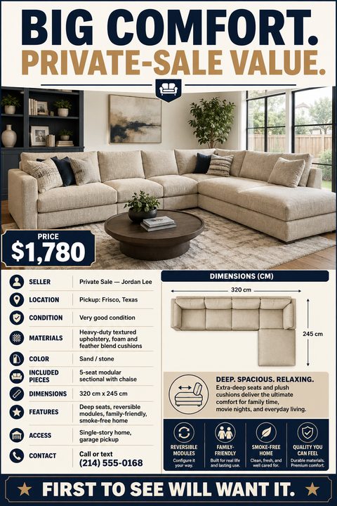 Flyer for a private sale of a sectional sofa. Large photo of a beige sectional in a living room. Text reads 'Big Comfort. Private-Sale Value.' Includes price, seller details, location, condition, materials, color, included pieces, dimensions.