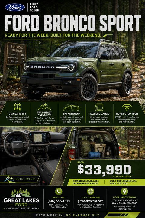 A car dealership flyer featuring a green SUV parked on a dirt trail in a forest. Below are icons highlighting features like 4x4 and cargo space, followed by interior and trunk photos, pricing, and dealership contact info.
