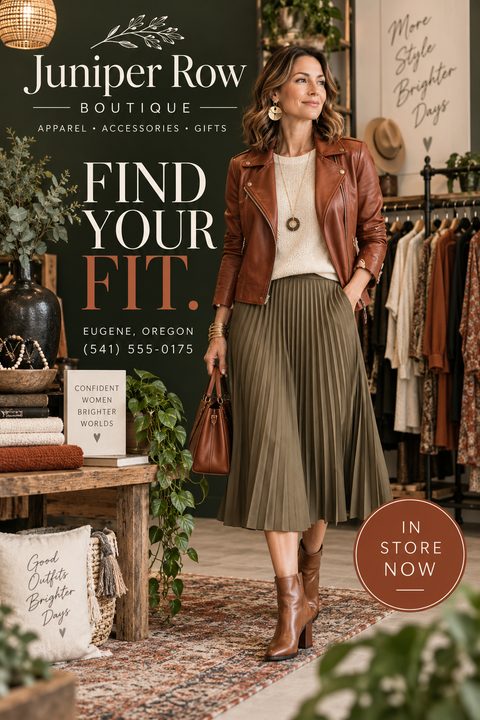 A fashion boutique flyer featuring a woman in a brown leather jacket and olive green pleated skirt standing in a clothing store. The text reads 'Juniper Row Boutique', 'Find Your Fit', and 'In Store Now'.