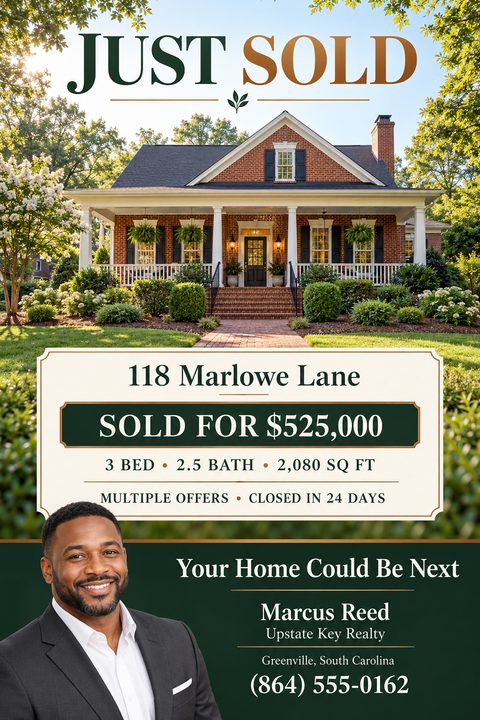 A real estate just sold flyer featuring a large photo of a brick house, a cream-colored central plaque with sale details, and a dark green bottom section with an agent's portrait and contact information.
