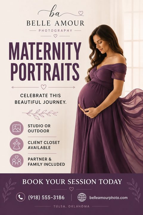 Elegant maternity photography flyer featuring a pregnant woman in a flowing purple dress. The design includes a soft beige background, dark purple text, and icons highlighting studio options, client closet, and family inclusion.