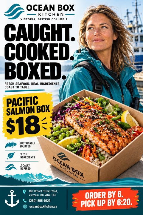 A flyer for a seafood takeaway featuring a woman holding a box of grilled salmon and salad. The design uses bold black text, a yellow price tag, and teal accents with an ocean motif.