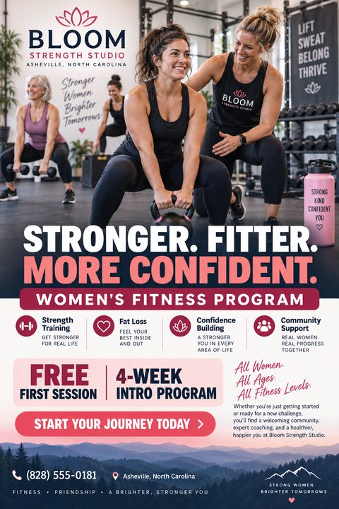 A flyer for a women's fitness program featuring a photo of women working out in a gym. The text reads 'Stronger. Fitter. More Confident. Women's Fitness Program' and includes details about strength training, fat loss, confidence building, and.