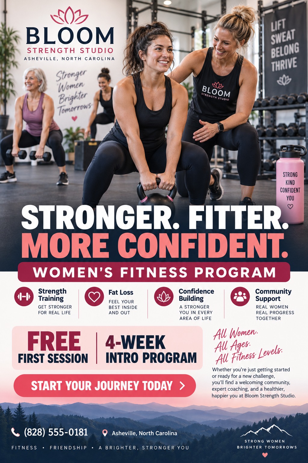 A flyer for a women's fitness program featuring a photo of women working out in a gym. The text reads 'Stronger. Fitter. More Confident. Women's Fitness Program' and includes details about strength training, fat loss, confidence building, and.