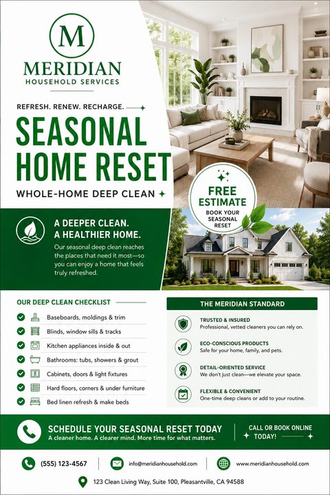 A modern house cleaning flyer with a green and white color scheme. It features photos of a pristine living room and a large house exterior, alongside a detailed deep clean checklist and service guarantees.