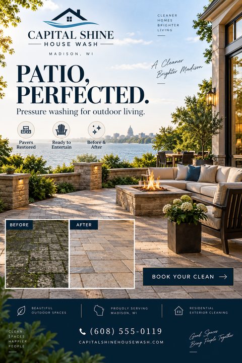 A pressure washing flyer featuring a luxurious patio with a fire pit overlooking a lake. It includes 'Before' and 'After' photos of dirty and clean pavers, with navy blue text and contact information.