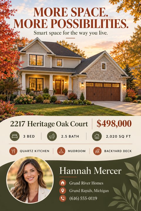 Real estate listing flyer featuring a large photo of a suburban house in autumn. Below are property details with icons, price, and a curved olive green section with an agent headshot and contact info.