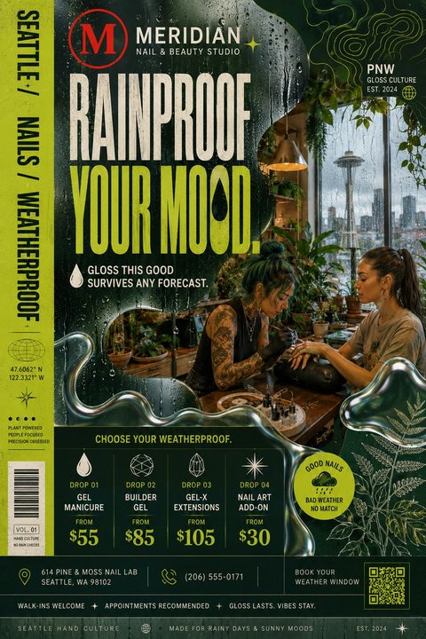 Flyer for a nail studio titled 'Rainproof Your Mood'. Features a photo of a nail technician giving a manicure in a plant-filled salon with a rainy window view of the Space Needle. Includes a price menu for gel manicures, builder gel, gel-x.