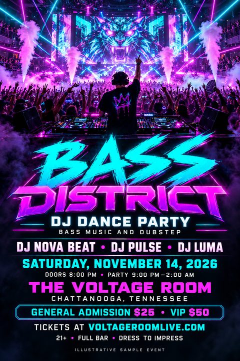 A high-energy DJ concert flyer featuring a performer on stage facing a massive crowd. Bright neon pink and cyan text overlays laser lights and a glowing tiger graphic on the stage screen.
