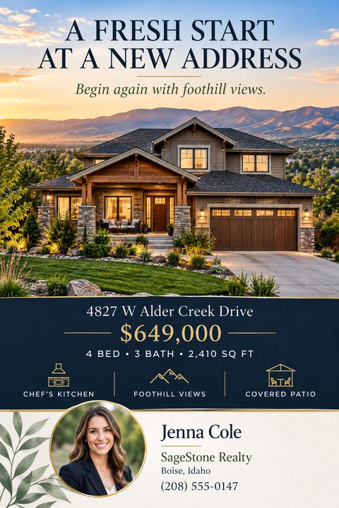 A real estate listing flyer featuring a large house at sunset with mountains behind it. Below is a navy blue section with gold text detailing price and features, plus an agent photo and contact info.