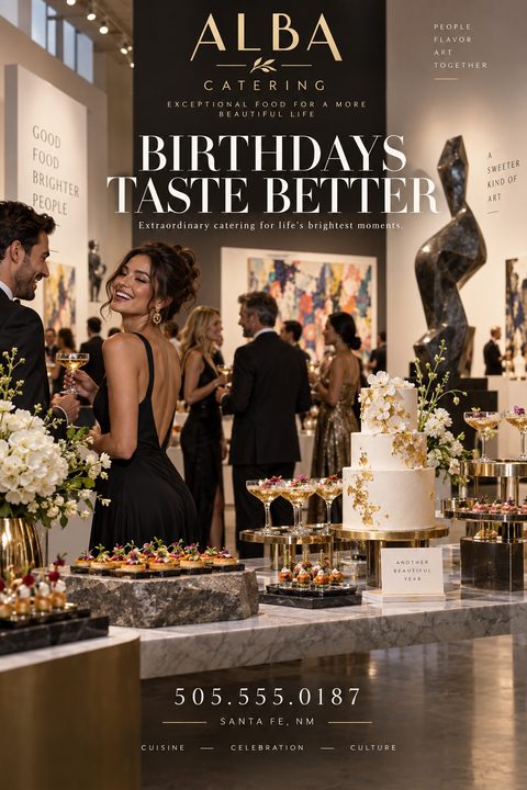 Elegant catering flyer template featuring a photo of a sophisticated party in an art gallery with a large tiered cake and hors d'oeuvres on a marble table. Text reads 'Alba Catering, Birthdays Taste Better'.