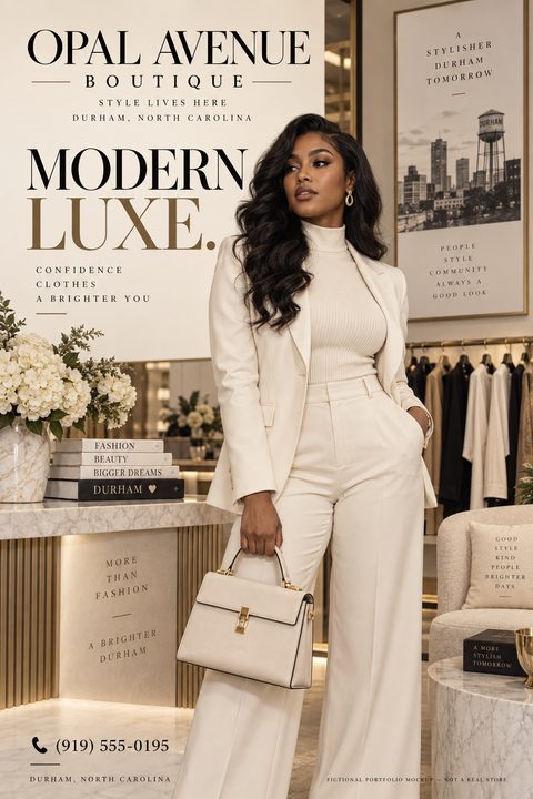 A fashion boutique flyer featuring a woman in a white suit standing in a stylish store. The text reads 'Modern Luxe' and includes contact information.