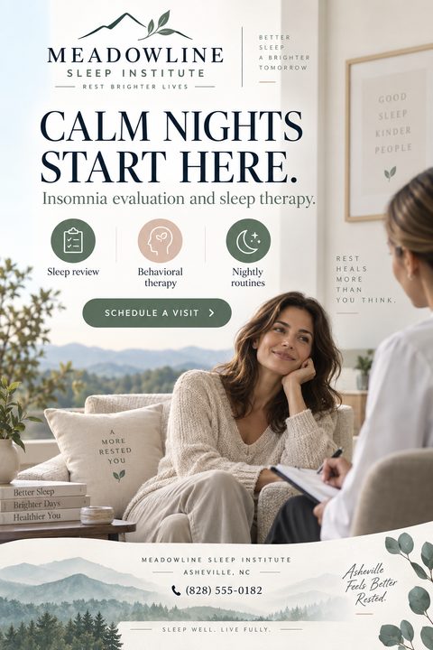 Flyer template for a sleep institute titled 'Calm Nights Start Here.' Shows a woman smiling during a consultation, with icons for sleep review, behavioral therapy, and nightly routines.