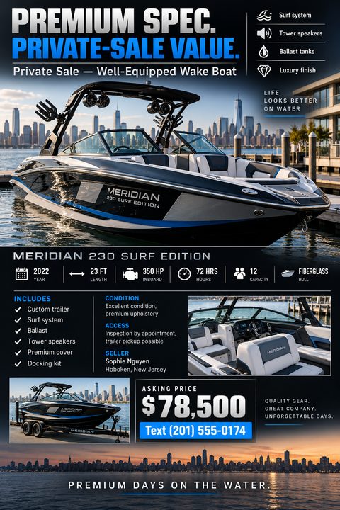 A modern flyer for selling a wake boat. The top half features a large photo of a sleek black and blue wake boat docked in a city harbor. Below are sections for specs, features, smaller photos of the interior and trailer, and the asking price.
