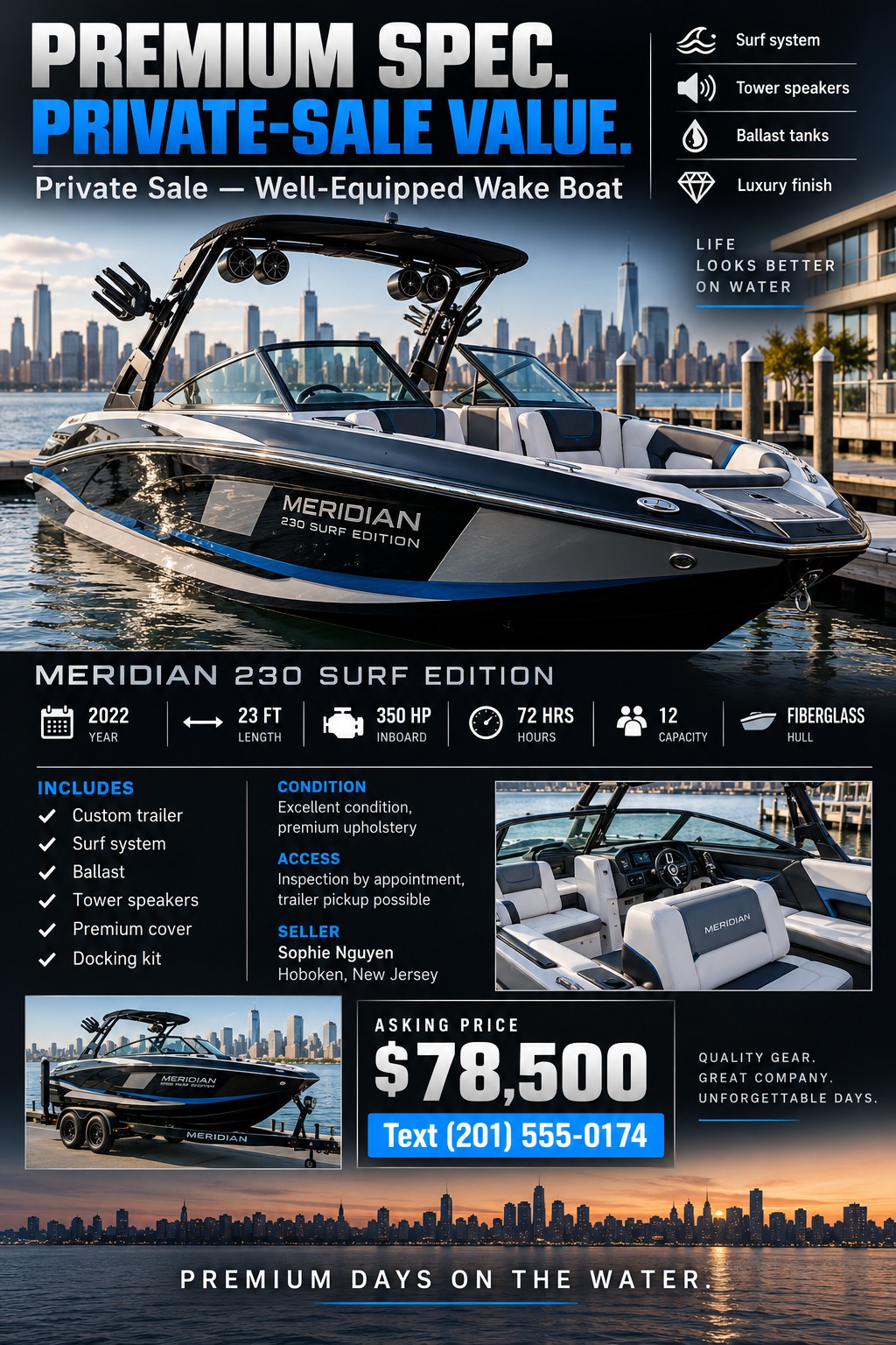 A modern flyer for selling a wake boat. The top half features a large photo of a sleek black and blue wake boat docked in a city harbor. Below are sections for specs, features, smaller photos of the interior and trailer, and the asking price.
