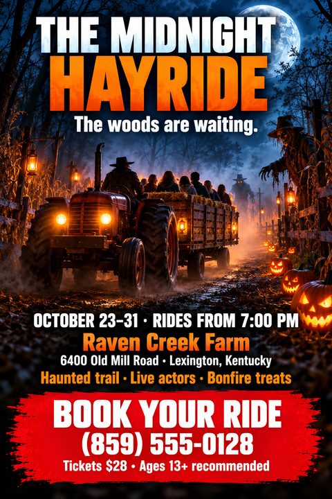 A spooky Halloween flyer featuring an illustration of a tractor pulling a hay wagon full of people through a dark, foggy path lined with glowing jack-o'-lanterns and a creepy scarecrow.