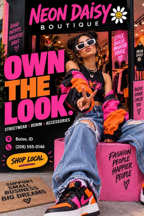 A vibrant boutique flyer featuring a young woman in trendy streetwear sitting outside a shop. Bold neon pink and orange text reads 'Own The Look' alongside shop local messaging.