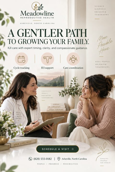 A flyer for Meadowline Reproductive Health with the headline 'A gentler path to growing your family.' It shows a doctor in a white coat smiling and talking with a female patient in a comfortable, well-lit room. Icons highlight cycle tracking, IUI.