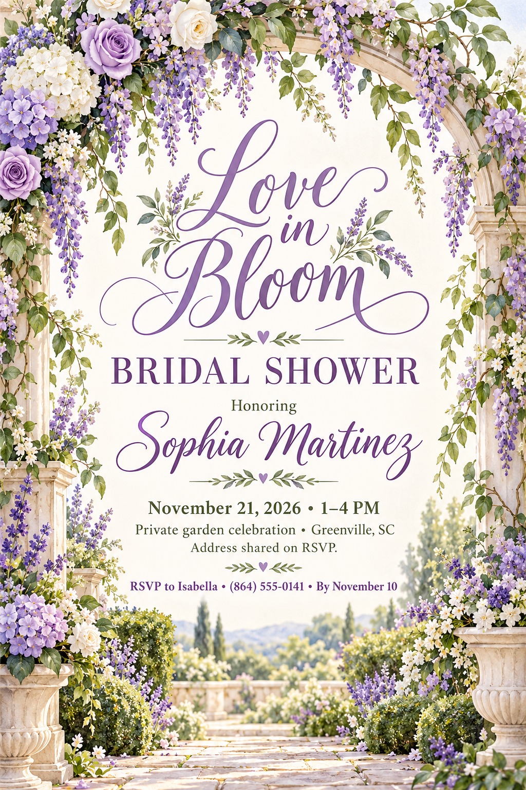 Bridal shower invitation flyer featuring a beautiful stone archway covered in purple and white flowers, framing elegant purple text that reads 'Love in Bloom Bridal Shower'.
